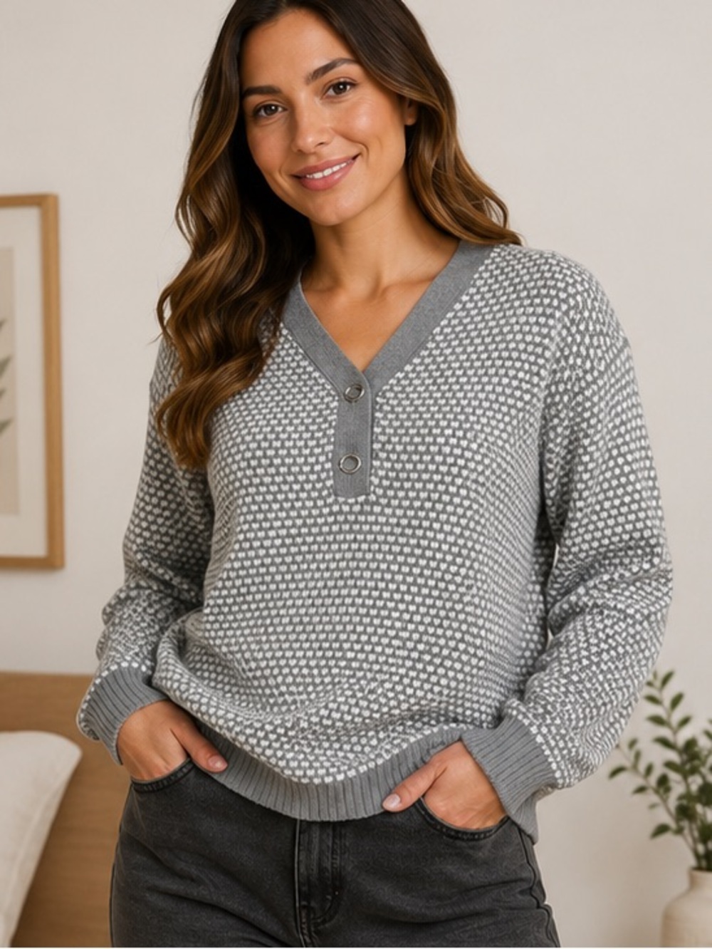 Karen Scott Gray and White V-Neck Button Sweater